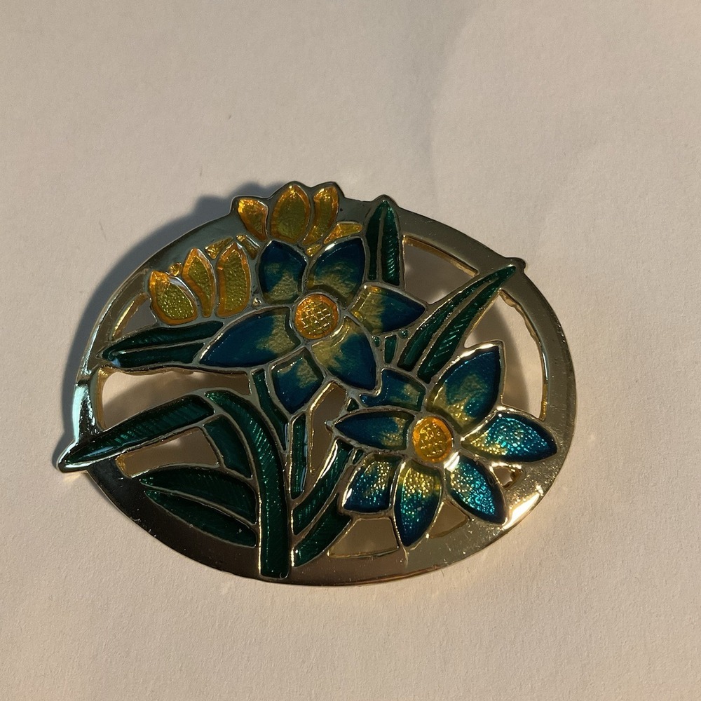 Gorgeous Floral Enamel Cloisonne Style Vintage Brooch Pin -green Yellow